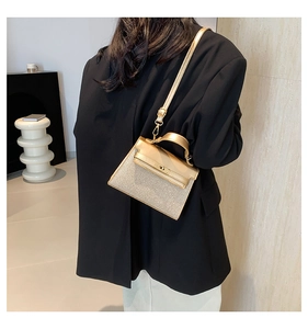 Detalle del mini bolso kelly con purpurina oro champán y cierre de hebilla metálica