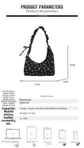 Detailed dimensions of black bow tote bag with ruffled strap and capacity comparison