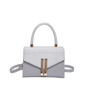 Silver PU leather crossbody bag with glitter top flap and gold metal decorative buckles
