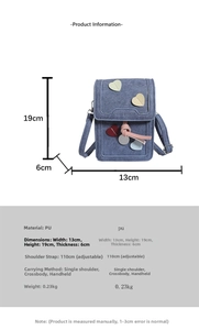 Detailed size specifications for blue PU leather crossbody phone bag with heart accents