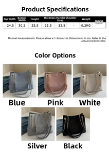 Detailed size chart and color guide for minimalist embossed tote bag with dimensions