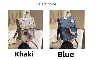 Detailed view of mini flap crossbody phone bags with heart patches and metal charms