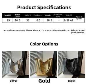 Detailed size chart and dimensions of the crocodile pattern tote bag in multiple colors