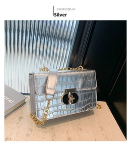 Detail view of silver crocodile texture bag with gold chain strap and metal lock