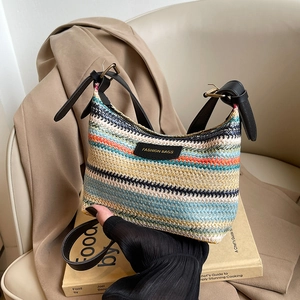 Summer colorful striped woven straw pillow bag with leather strap and fashion label