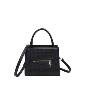 Black quilted crossbody bag with top handle and gold zipper detail in a sleek square shape