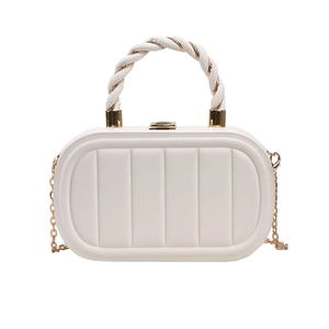 White vertical quilted texture handbag with braided handle and gold chain strap