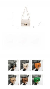Tableau des tailles pour sac bandoulière en cuir PU matelassé avec dimensions et six coloris