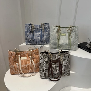 Women Jacquard Woven Fabric Tote Bag With Leather Handles And Metal Chain Striped Geometric Large Capacity Handbag