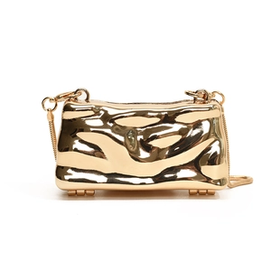 Metallic gold mini crossbody bag with textured pleats and fine snake chain strap