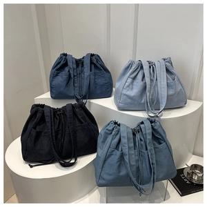 Women Denim Tote Bag Large Capacity Multi Pockets Drawstring Closure Casual Vintage Shoulder Bag