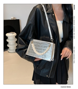 Detailed view of silver crocodile pattern handbag with elegant pearl handle and strap