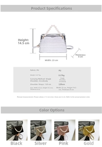 Detail view of crocodile pattern faux leather handbag with pearl handle and size specifications