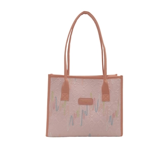 Pink pleated tote bag with embroidered wave patterns and slim shoulder straps for women
