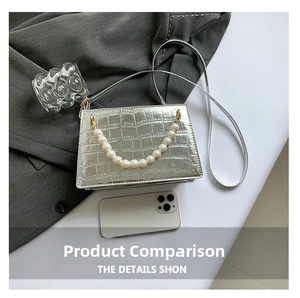 Silver crocodile texture handbag with elegant pearl handle and fine chain strap detail