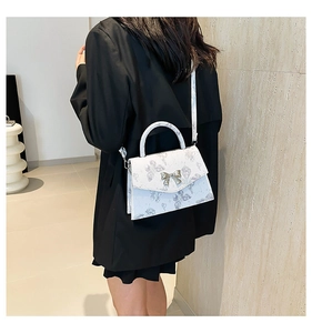 Détail du sac à bandoulière blanc avec imprimé papillon et fermoir nœud argent