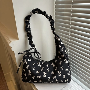 Women Fabric Underarm Bag With White Bow Print And Scrunchie Ruffle Handle Casual Half Moon Hobo Zipper Closure