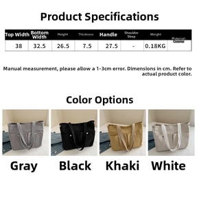 Detailed size chart and multi-color options for the large capacity canvas tote bag