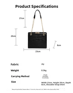 Detail view of crocodile pattern PU leather bag with dimensions 23x20x8cm and gold chain