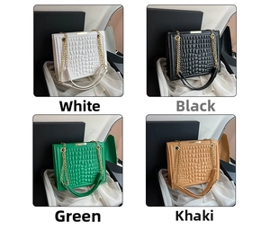 Detailed grid view of faux crocodile leather tote bags in white, black, green and khaki