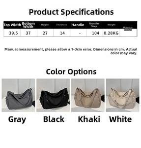 Size chart for casual canvas tote bag with dimensions and gray black khaki white options