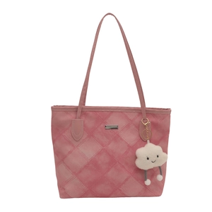 Pink quilted tote bag with double shoulder straps and white cloud plush charm