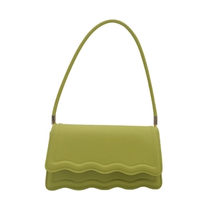 Lime green chic crossbody bag with wavy flap design and gold hardware on white background