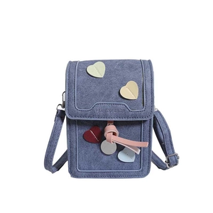 Blue heart-patterned crossbody mobile phone bag with adjustable strap and cute charms