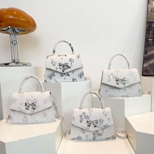 Butterfly Print Shoulder Crossbody Bag PU Leather Metal Bow Buckle Handheld Flap Square Fashionable Women