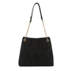 Minimalist black tote bag with pleated texture and gold chain shoulder strap on white background