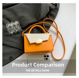 Detail view of orange and white crossbody bag with gold pebble clasp and size comparison