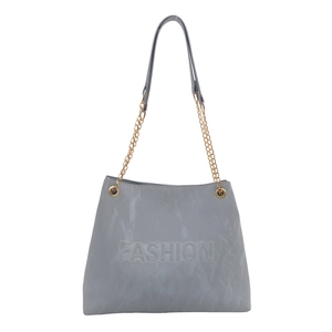 Chic grey shoulder bag with pleated texture and gold chain strap in a classic trapezoid shape