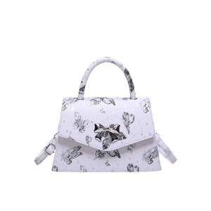 White butterfly print square handbag with silver bow buckle and adjustable strap