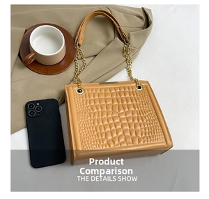 Detail of camel croc-embossed leather texture with golden chain strap and metal hardware