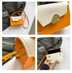 Detail of color-block crossbody bag featuring golden hardware and internal compartment