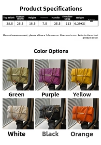 Detailed size chart and multi-color options for quilted chain crossbody bag in PU leather