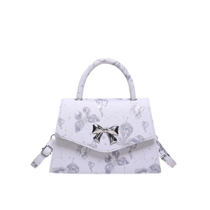 Minimalist white tote bag with purple butterfly print and silver bow decoration