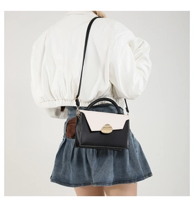 Rear view of a stylish color-block handbag with gold clasp on a model in casual attire