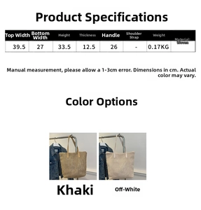 Tabella delle taglie dettagliata e dimensioni della borsa tote intrecciata color kaki e beige