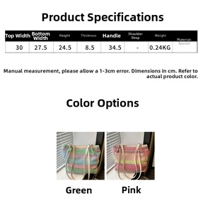 Detailed size chart for striped knit tote bag with dimensions in green and pink variants