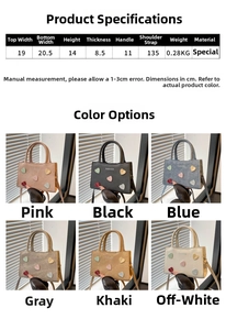 Detailed size guide and color options for the stylish bucket bag with heart patches