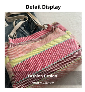 Detailed macro view of woven chevron pattern in multi-color pink and orange canvas tote