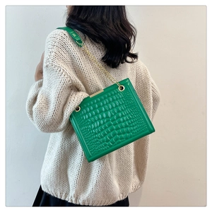Green croc-embossed leather crossbody bag with gold chain strap on knit sweater