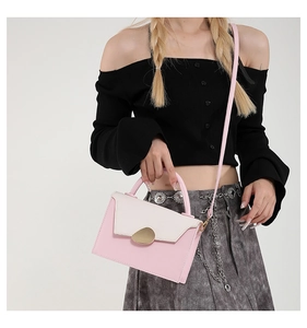Detail of pink and beige mini crossbody bag featuring a golden pebble magnetic buckle