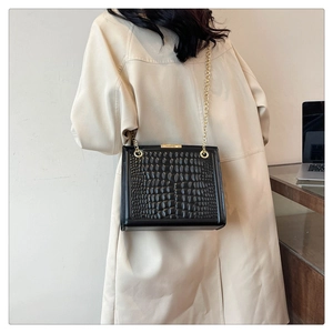 Model wearing a black crocodile pattern crossbody bag with a gold metal chain strap