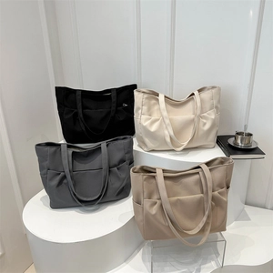 Sac Fourre-tout En Toile De Grande Capacité Pour Femmes Avec Poche Avant Plissée Sac À Bandoulière Couleur Unie Pour Étudiants Sac À Main Décontracté