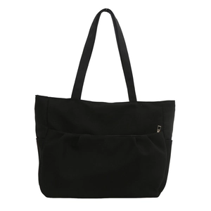 Grand sac fourre-tout en toile noire avec poche avant plissée et bandoulières