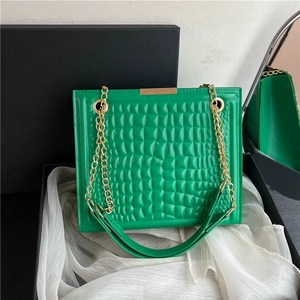 Fashionable green square crossbody bag with embossed grid pattern and gold chain strap