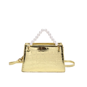 Glossy gold crocodile pattern dinner bag with elegant pearl handle for formal occasions