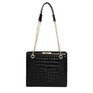 Classic black crocodile pattern tote bag with golden chain strap and minimalist metal trim